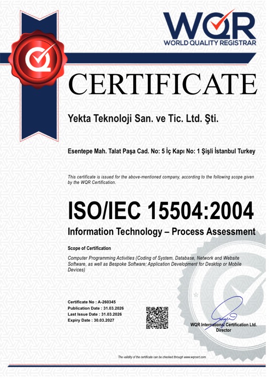 Yekta Teknoloji ISO/IEC 15504:2004 Yazılım Süreç Değerlendirme (SPICE) sertifikası