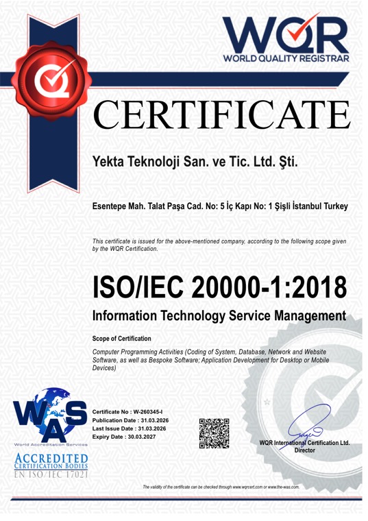 Yekta Teknoloji ISO/IEC 20000-1:2018 BT Hizmet Yönetim Sistemi sertifikası